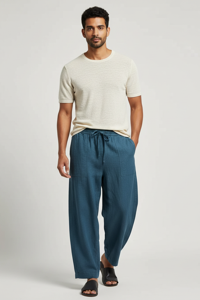 Pantalon Fluide Bleu Cordon Ample Lin Homme Décontracté