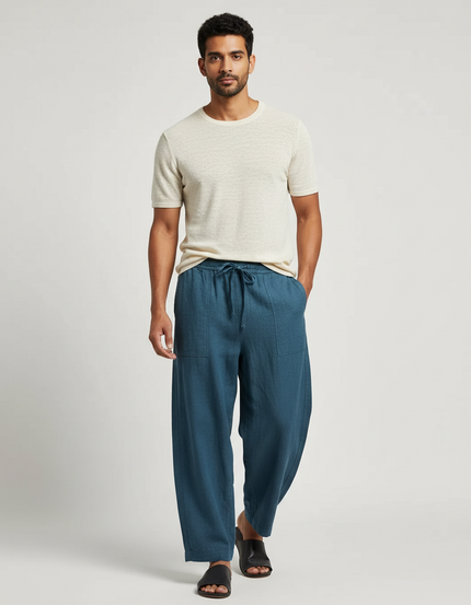 Pantalon Fluide Bleu Cordon Ample Lin Homme Décontracté