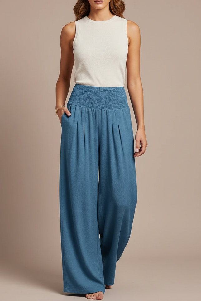 Pantalon Fluide Bleu Smocké Ample Plissé Décontracté - Viscose