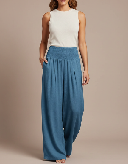 Pantalon Fluide Bleu Smocké Ample Plissé Décontracté - Viscose