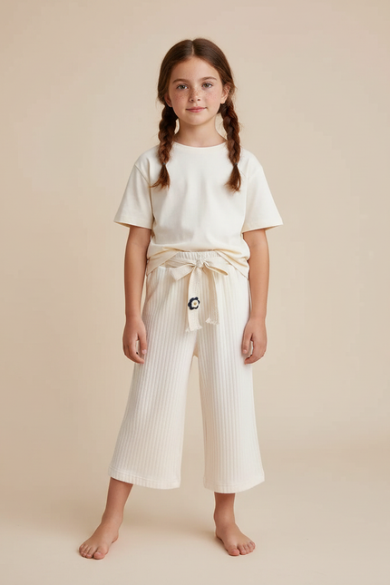 Pantalon Fluide Côtelé Crème Ample Confortable Enfant - Beige Maille