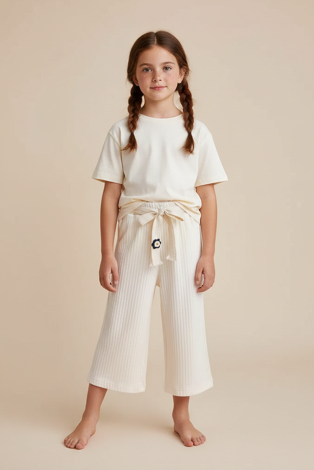 Pantalon Fluide Côtelé Crème Ample Confortable Enfant - Beige Maille