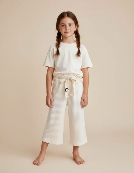 Pantalon Fluide Côtelé Crème Ample Confortable Enfant - Beige Maille