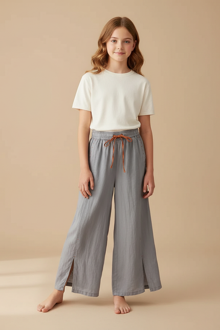 Pantalon Fluide Gris Lin Ample Fendu Décontracté