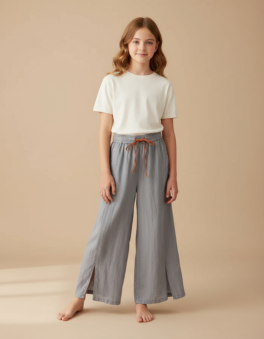 Pantalon Fluide Gris Lin Ample Fendu Décontracté