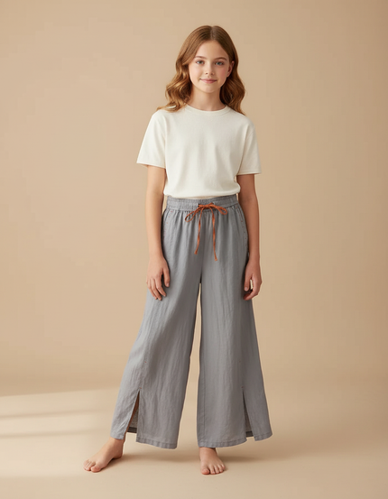 Pantalon Fluide Gris Lin Ample Fendu Décontracté