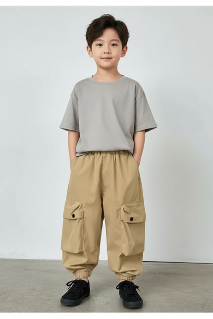 Pantalon Fluide Cargo Kaki Ample Coton Enfant - Polyester