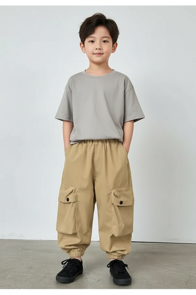 Pantalon Fluide Cargo Kaki Ample Coton Enfant - Polyester