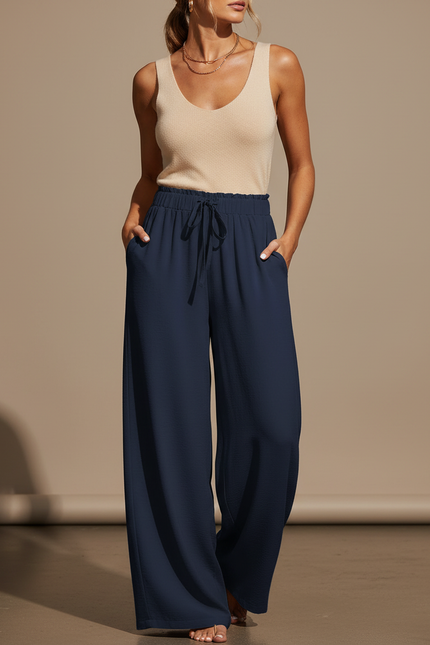 Pantalon Fluide Bleu Marine Ample Taille Haute Décontracté - Viscose