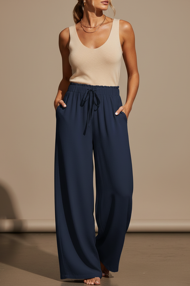 Pantalon Fluide Bleu Marine Ample Taille Haute Décontracté - Viscose