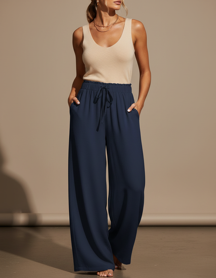 Pantalon Fluide Bleu Marine Ample Taille Haute Décontracté - Viscose