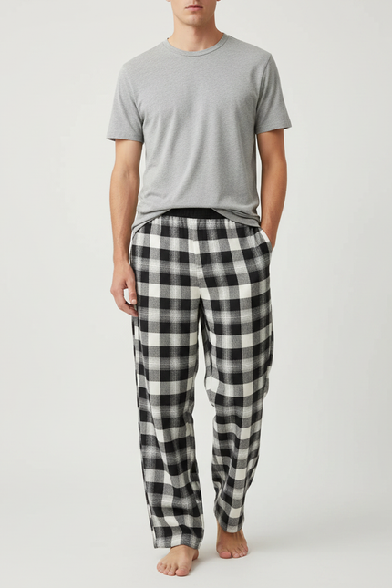 Pantalon Fluide Carreaux Noir Blanc Ample Décontracté Homme - Imprimé Molleton