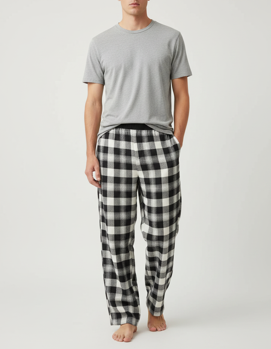 Pantalon Fluide Carreaux Noir Blanc Ample Décontracté Homme - Imprimé Molleton