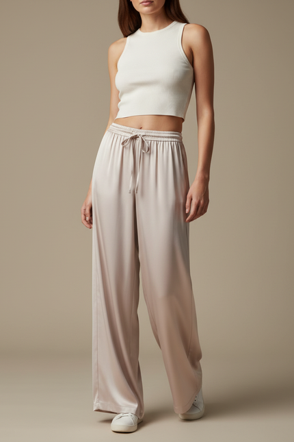 Pantalon Fluide Satiné Beige Ample Taille Haute