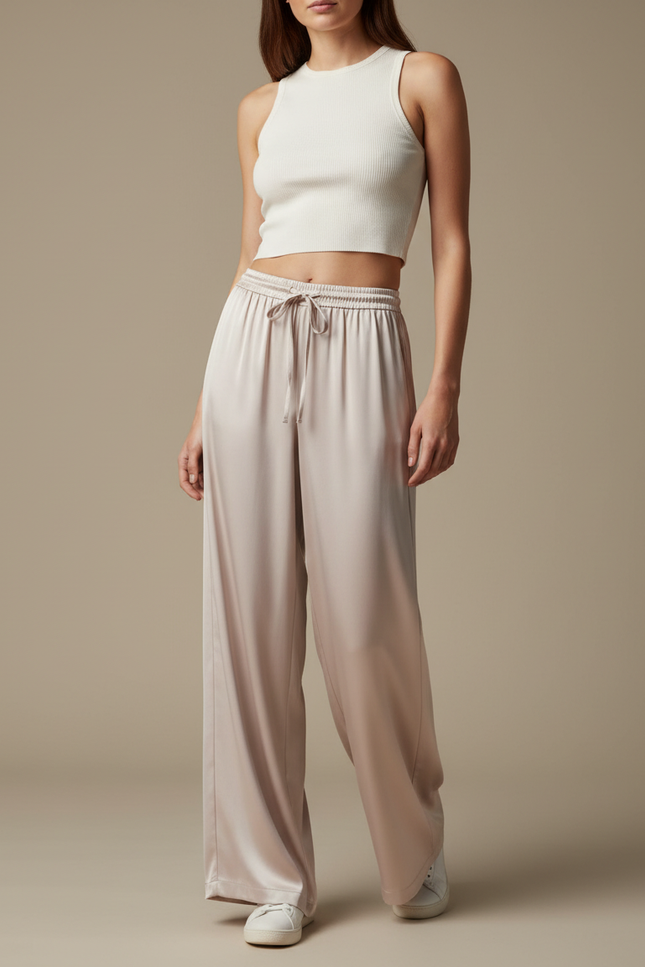 Pantalon Fluide Satiné Beige Ample Taille Haute