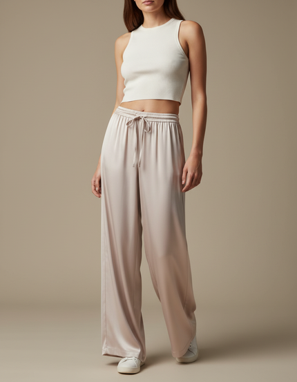 Pantalon Fluide Satiné Beige Ample Taille Haute