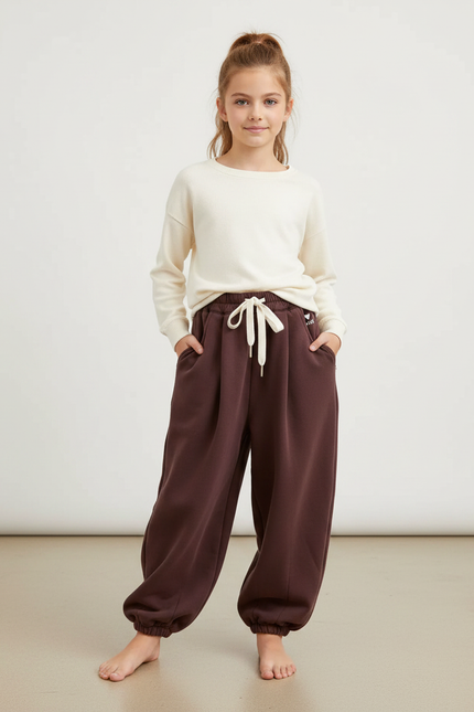 Pantalon Fluide Marron Ample Molleton Confortable Fille