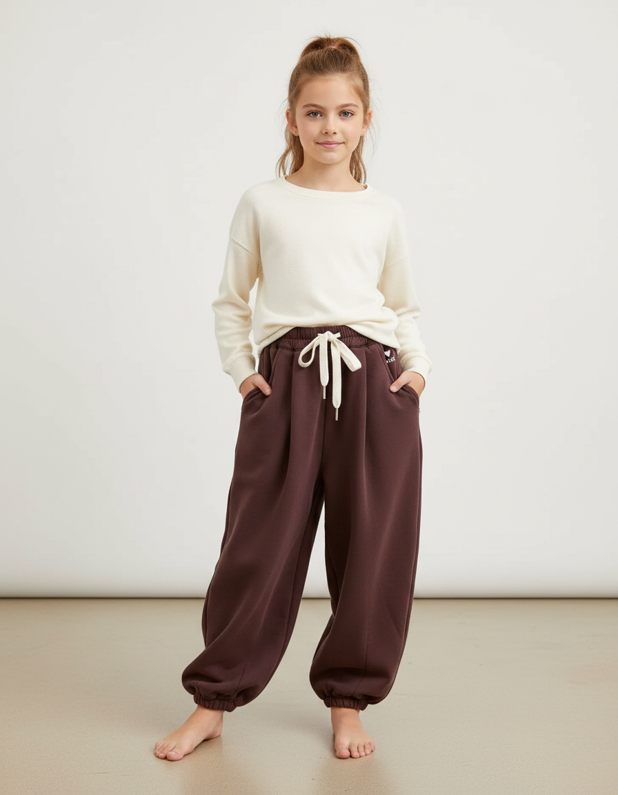 Pantalon Fluide Marron Ample Molleton Confortable Fille