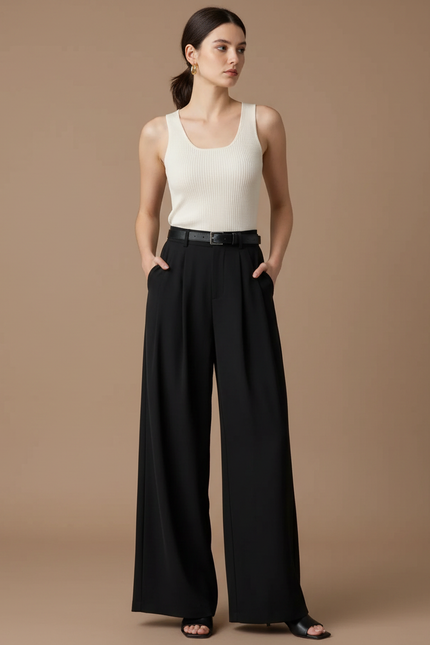 Pantalon Fluide Femme Noir Palazzo Viscose Habillé - Polyester