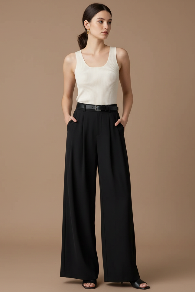 Pantalon Fluide Femme Noir Palazzo Viscose Habillé - Polyester