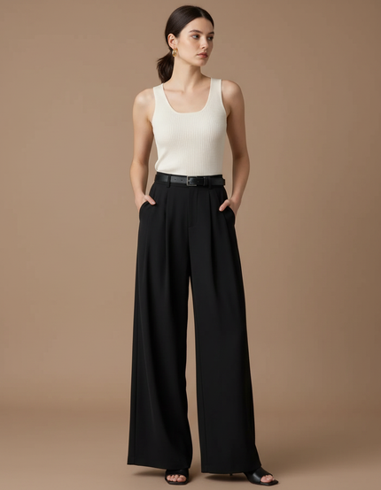 Pantalon Fluide Femme Noir Palazzo Viscose Habillé - Polyester