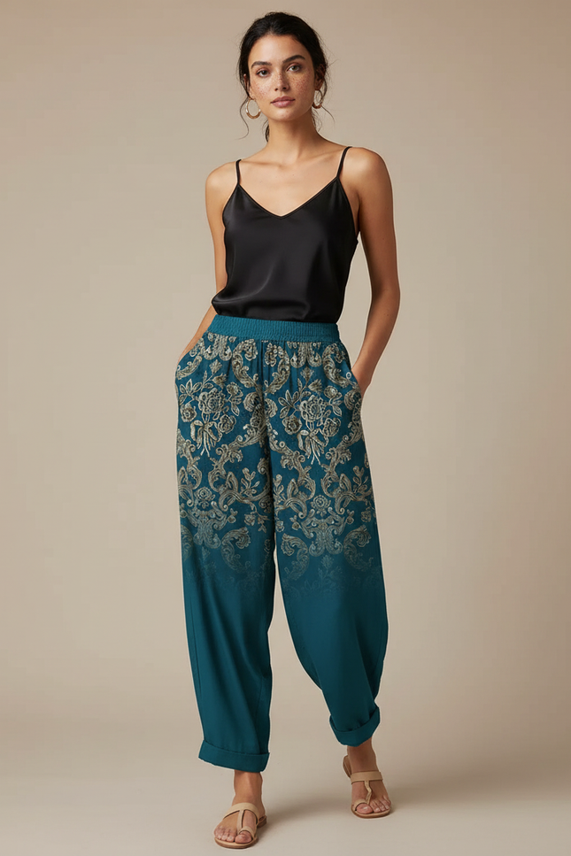 Pantalon Fluide Imprimé Fleuri Ample Bohème Turquoise - Multicolore Viscose