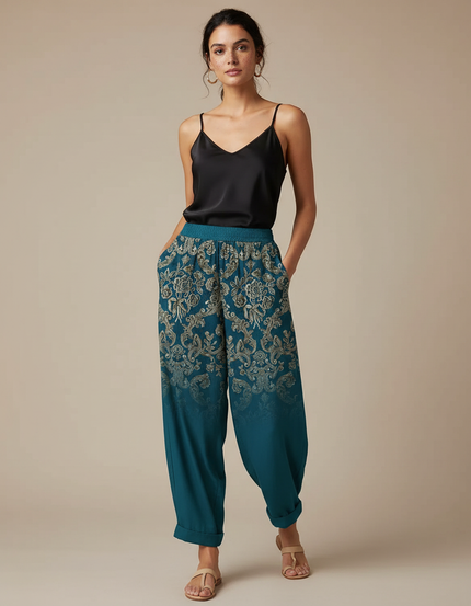 Pantalon Fluide Imprimé Fleuri Ample Bohème Turquoise - Multicolore Viscose