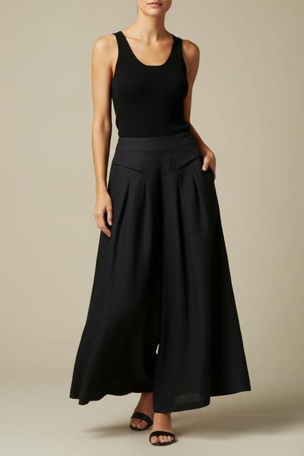 Pantalon Jupe Fluide Femme - Noir Lin