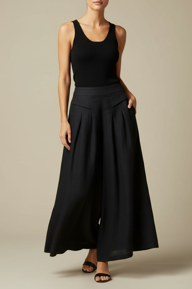 Pantalon Jupe Fluide Femme - Noir Lin