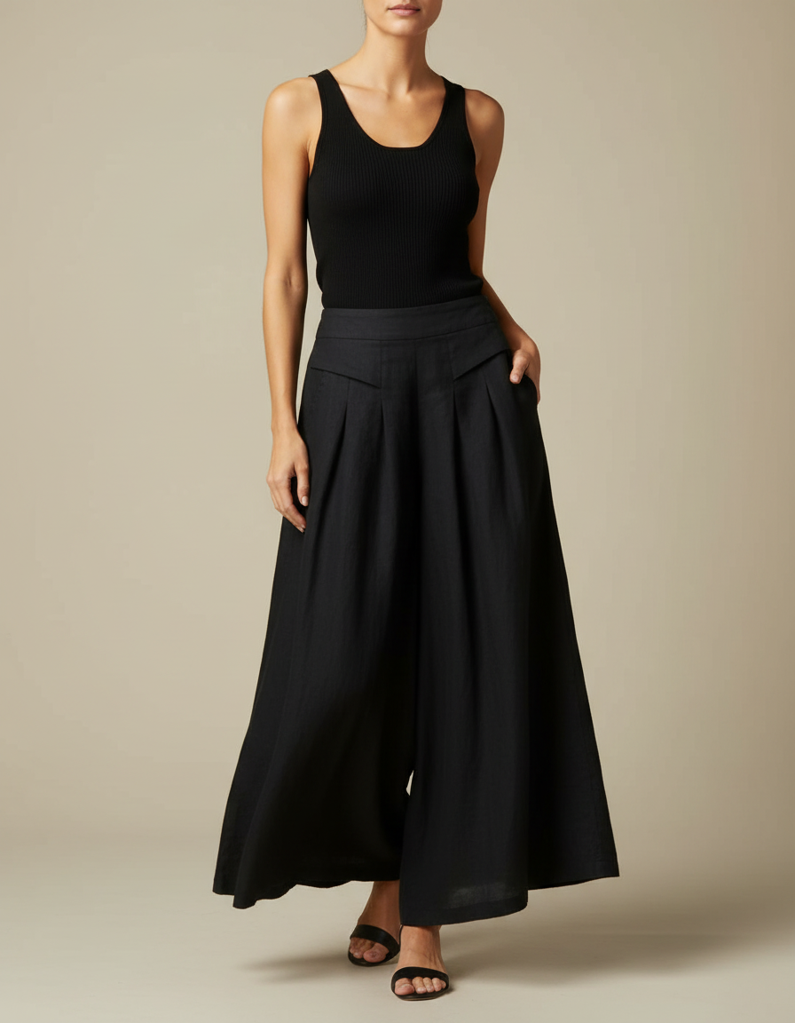 Pantalon Jupe Fluide Femme - Noir Lin