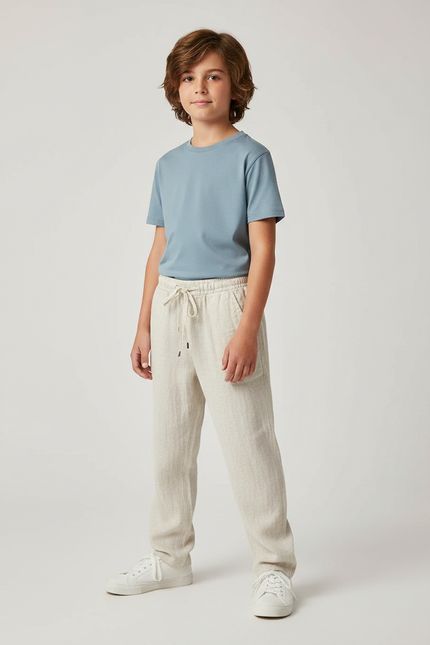 Pantalon Fluide Beige Lin Ample Cordon Garçon