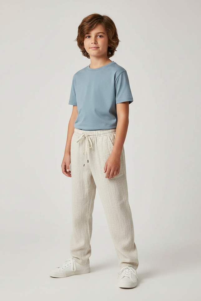 Pantalon Fluide Beige Lin Ample Cordon Garçon