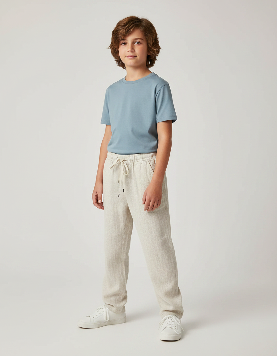 Pantalon Fluide Beige Lin Ample Cordon Garçon