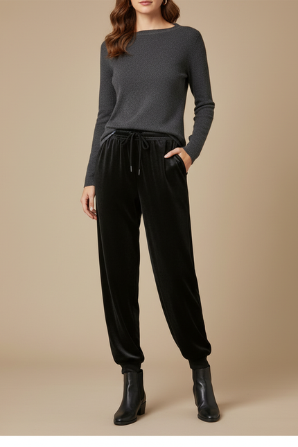 Pantalon Fluide Noir Velours Côtelé Ample Décontracté Élastique