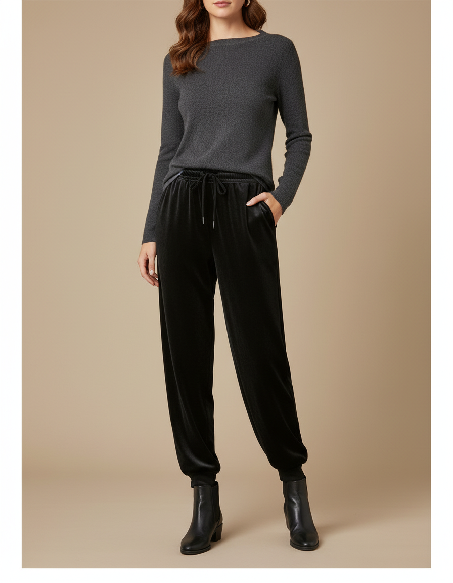 Pantalon Fluide Noir Velours Côtelé Ample Décontracté Élastique