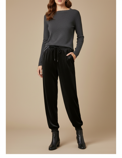 Pantalon Fluide Noir Velours Côtelé Ample Décontracté Élastique