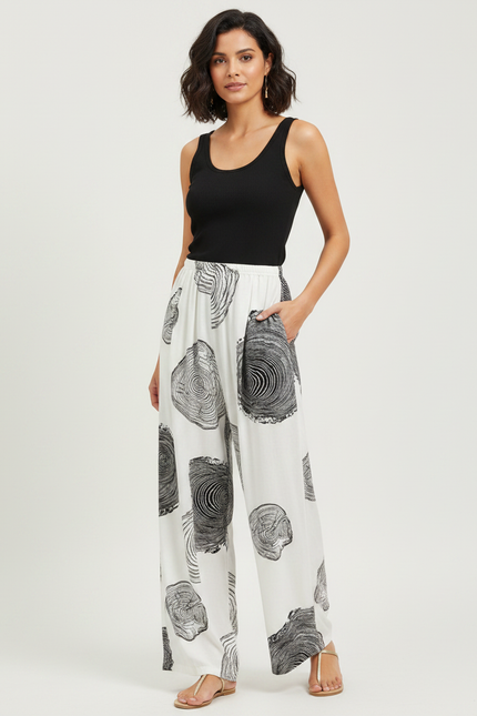 Pantalon Fluide Blanc Imprimé Abstrait Ample Décontracté Femme - Viscose