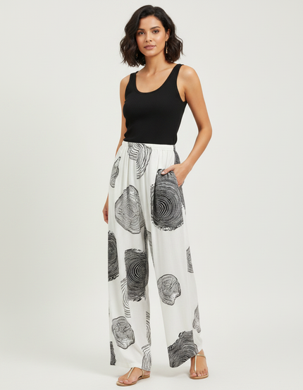 Pantalon Fluide Blanc Imprimé Abstrait Ample Décontracté Femme - Viscose