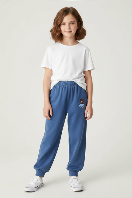Pantalon Fluide Bleu Coton Décontracté Enfant Brodé - Molleton