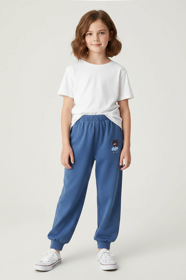 Pantalon Fluide Bleu Coton Décontracté Enfant Brodé - Molleton