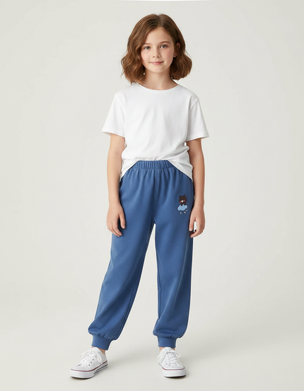 Pantalon Fluide Bleu Coton Décontracté Enfant Brodé - Molleton