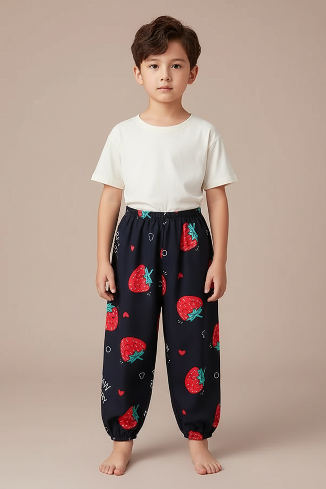 Pantalon Fluide Noir Ample Imprimé Fraises Enfant - Viscose