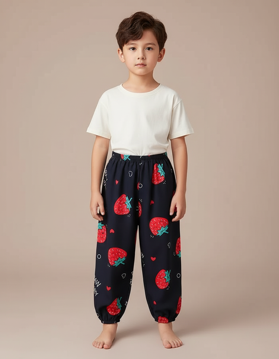 Pantalon Fluide Noir Ample Imprimé Fraises Enfant - Viscose