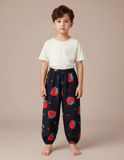 Pantalon Fluide Noir Ample Imprimé Fraises Enfant - Viscose