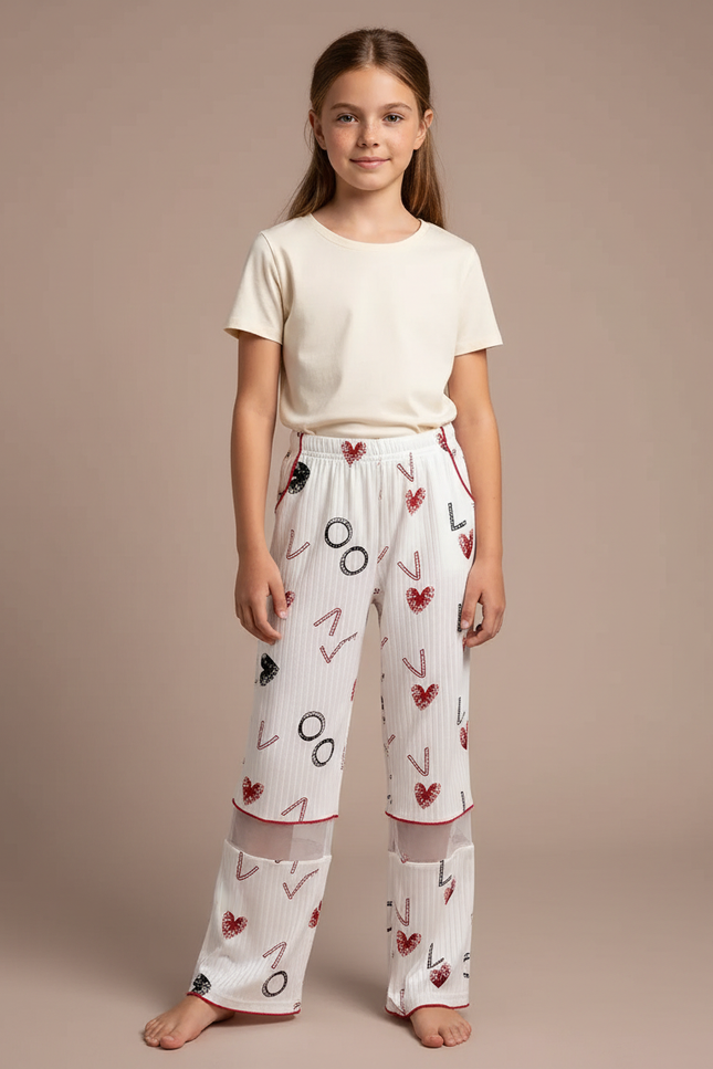 Pantalon Fluide Blanc Imprimé Cœur Ample Maille