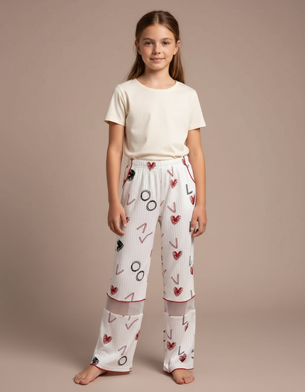 Pantalon Fluide Blanc Imprimé Cœur Ample Maille