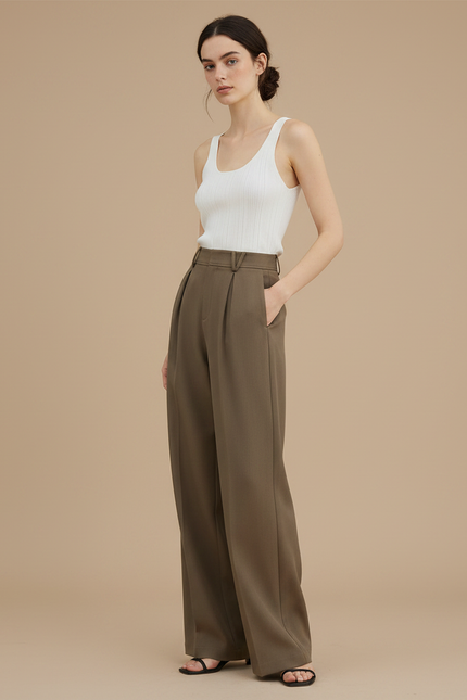 Pantalon Fluide Marron Plissé Taille Haute Élégant - Kaki Viscose