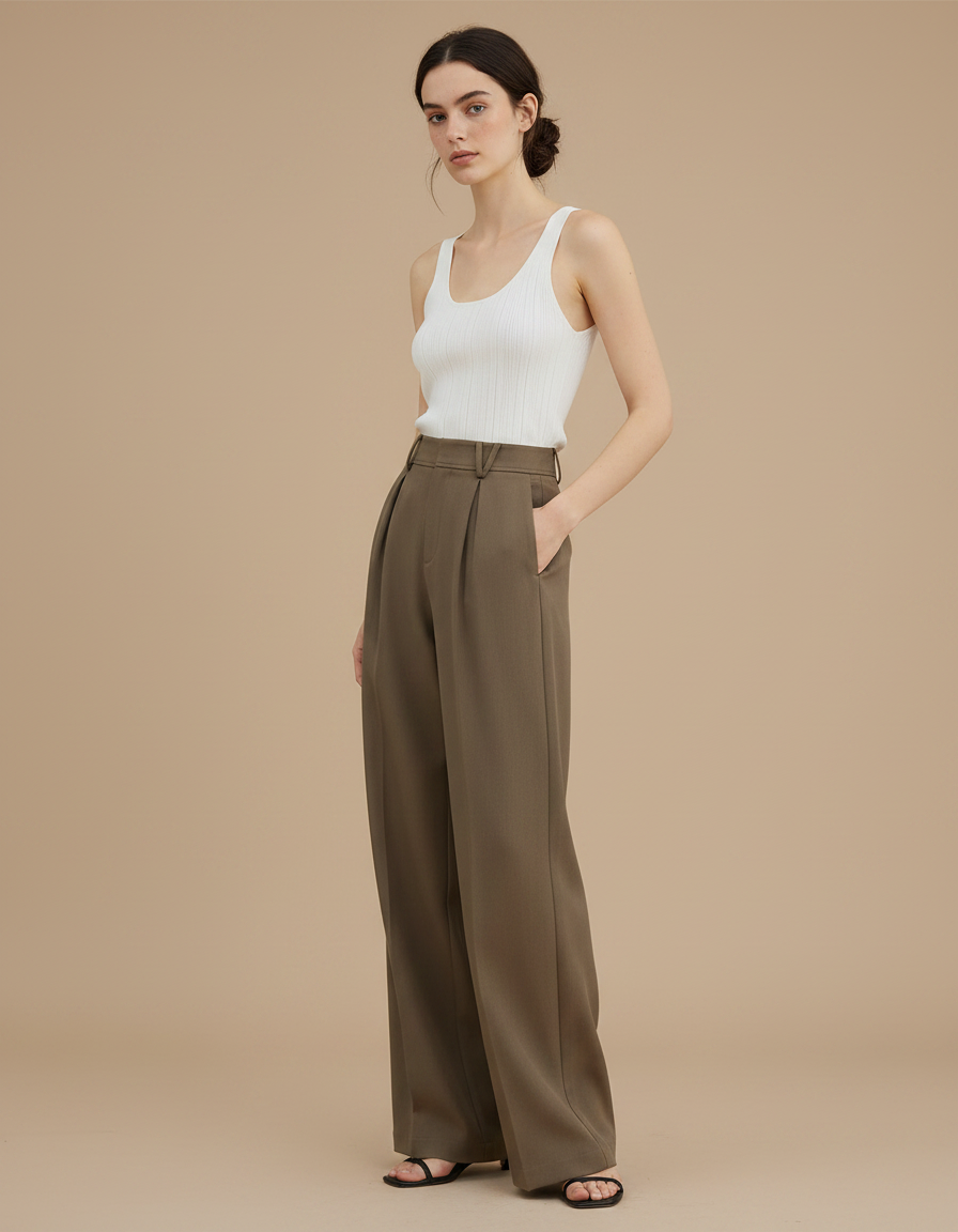 Pantalon Fluide Marron Plissé Taille Haute Élégant - Kaki Viscose