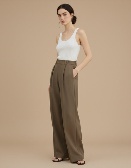 Pantalon Fluide Marron Plissé Taille Haute Élégant - Kaki Viscose