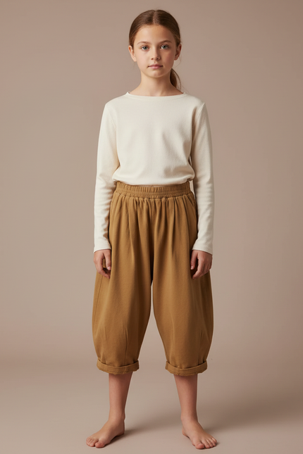 Pantalon Fluide Fille Camel Coupe Ample - Molleton